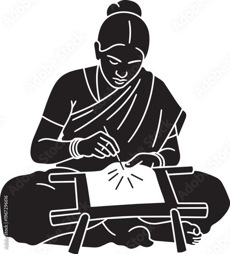 A woman in traditional clothing sitting crosslegged and sewing on a frame