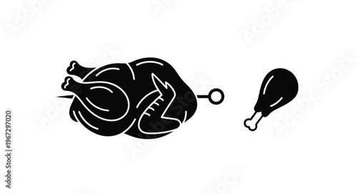 Roasted chicken and drumstick depicted in a striking black silhouette