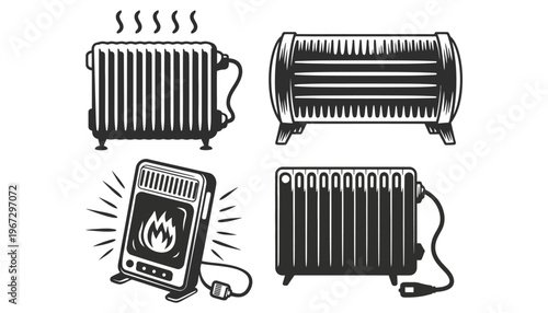Heater vector icons set including radiator and electric space heater illustrations