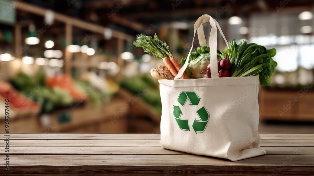 Fototapeta premium Eco-Friendly Grocery Shopping: Reusable Tote Bag Filled with Fresh Vegetables in a Market Setting