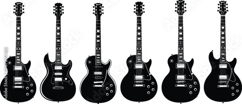 Set of black electric guitars on transparent background rock music instrument collection.