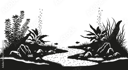 Black and white illustration aquatic plants.