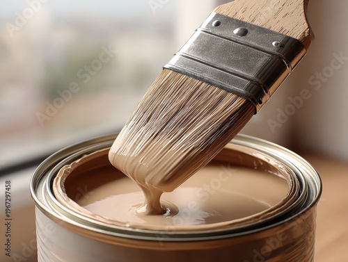 Beige Paint Brush Dipping into Can: Home Improvement and Interior Design Concept