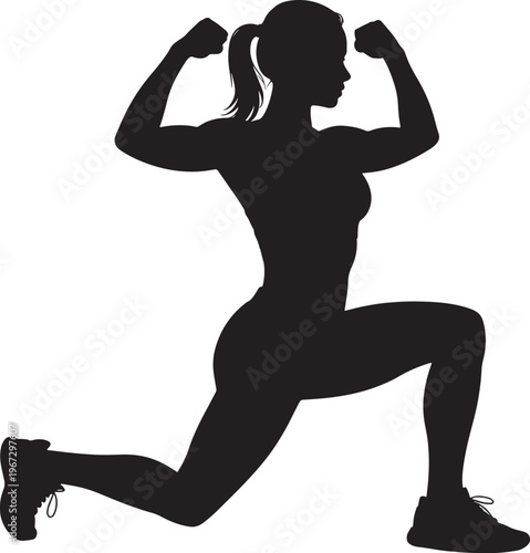 woman in lunge position flexing her muscles