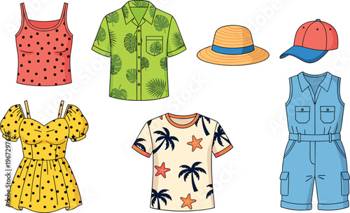 Selection of summer vacation clothes and accessories for men and women.