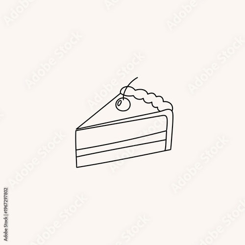 Simple line art illustration of a delicious slice of cake with a cherry on top.