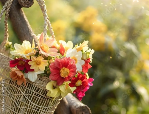 Beautiful Summer Dahlias in Wicker Basket Hanging on Tree Branch with Golden Sunlight and Morning Dew