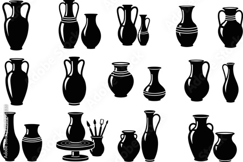 Black Silhouette Vector Illustration of Handcrafted Ceramic Pottery Vases Greek Amphorae and Clay Jugs Collection for Interior Design Art and Pottery Studio Branding
