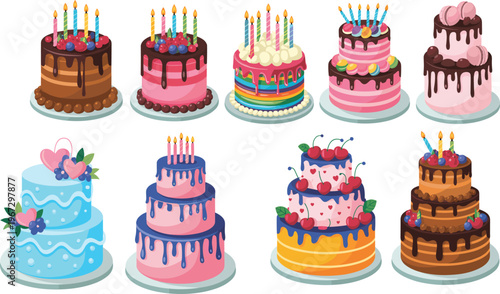 Birthday cake collection illustration, colorful celebration desserts, layered cakes with candles, frosting and fruit toppings, party sweets, bakery vector isolated set