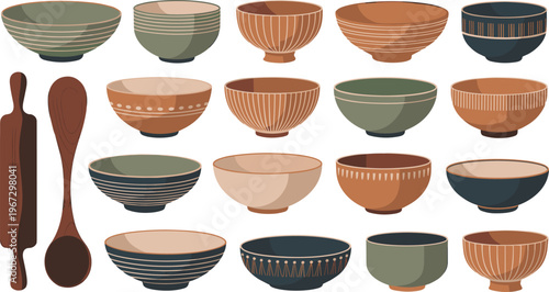 Ceramic bowl and wooden spoon set illustration, handmade pottery tableware collection with decorative patterns, rustic kitchen dishware vector