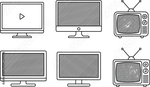 Computer monitor and television icons set illustration, digital screens collection with media player and retro TV, line art vector black white design