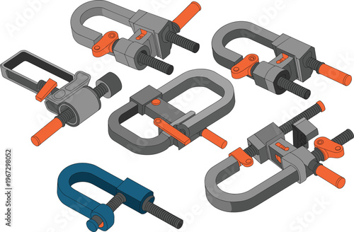 Clamp tool set illustration with C clamps and fastening equipment, woodworking and construction concept, isometric vector design showing hardware tools for workshop use