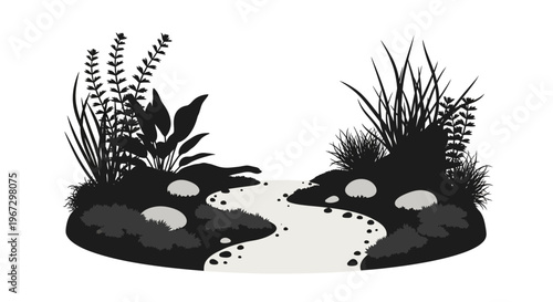 Black and white illustration of pond.