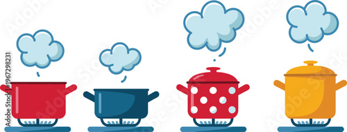Cooking pots with steam illustration, boiling saucepan set on stove, kitchen cookware collection, home cooking concept, flat vector isolated design