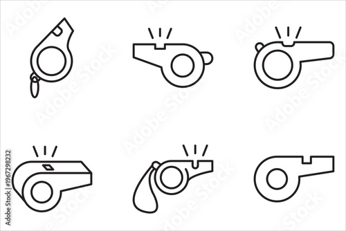 Whistle icon set. Soccer referee whistle vector icon. Coach blowing whistle symbol. Vector illustration. Transparent, white background.