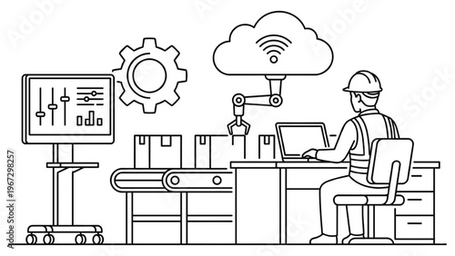 Industrial automation system with robotic arm and conveyor belt.