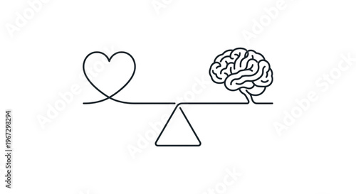 Minimalist continuous line drawing of a heart and brain on a balance scale representing emotional intelligence and logic.
