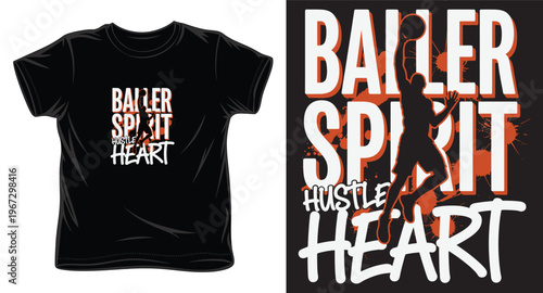 Baller spirit hustle heart basketball poster design with orange paint splatters and jumping player silhouette