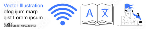 Communication, technology, digital learning, translation, online services, connectivity. wireless signal icon, open book with language symbols person climbing graph. Connection and translation