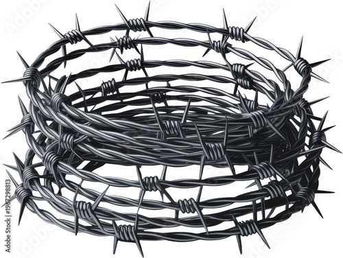 A barbed wire fence forming a circular enclosure with sharp, intertwined strands isolated on transparent background