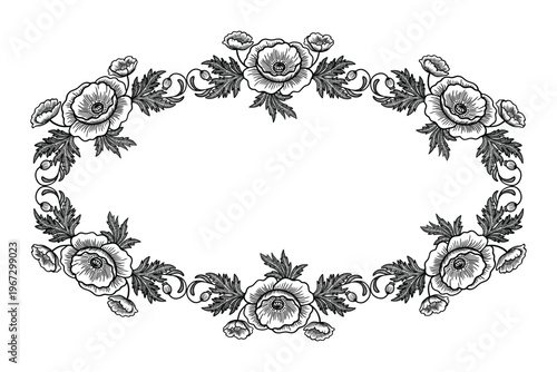 Poppy flowers with leaves and buds vector hand drawn illustration oval lace frame. Retro whimsical holiday greeting. Delicate classic wedding template. Coquette elegant background style.