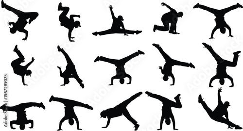 Breakdance silhouette set with dynamic hip hop and freestyle street dance poses isolated on white background for urban culture design