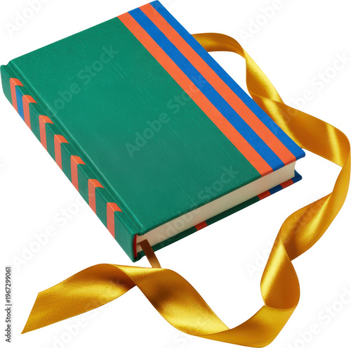 Elegant green book with decorative ribbon bookmark on cover isolated on transparent background