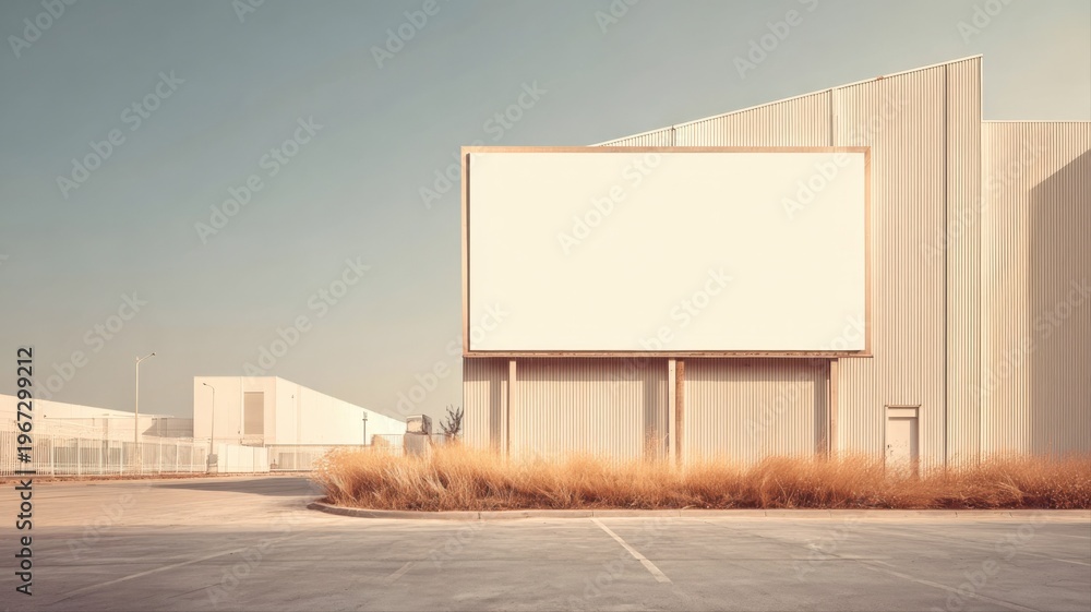 Obraz premium Billboard Mockup on Modern Industrial Building Exterior with Clear Sky for Advertising and Marketing Campaigns