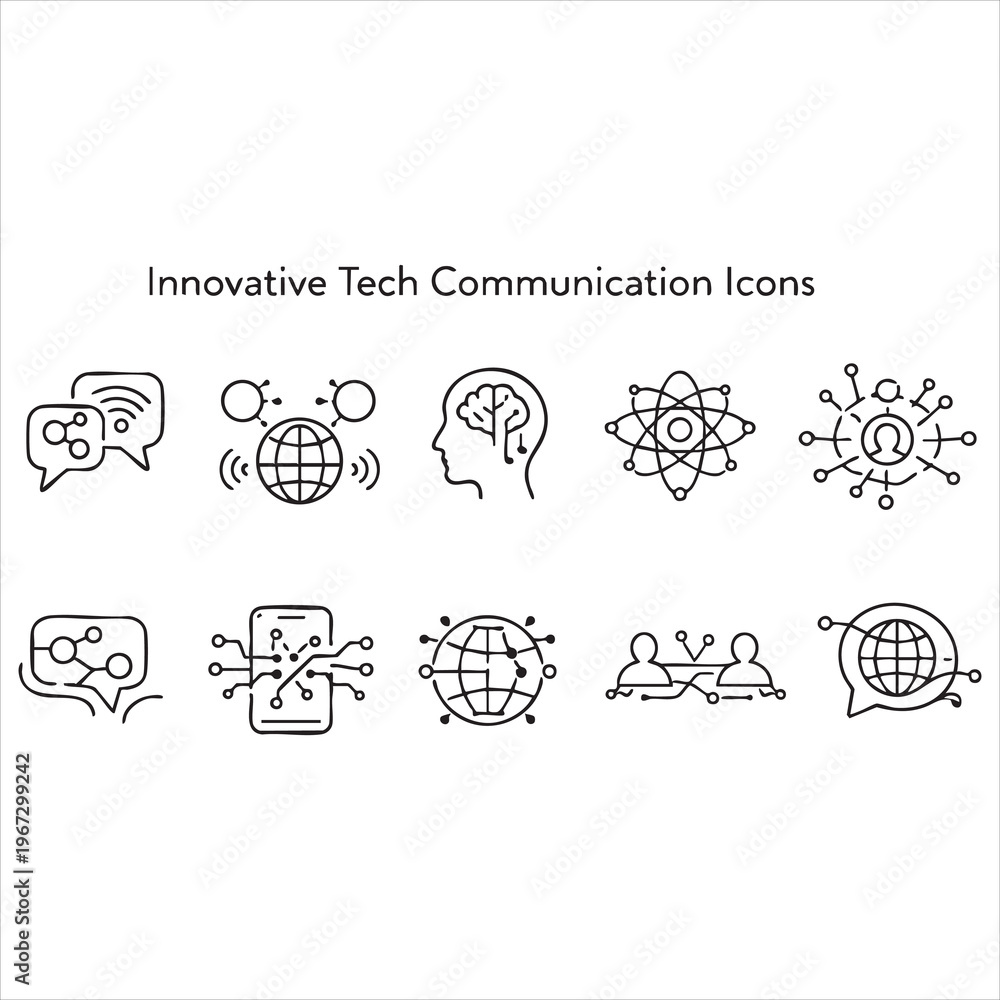 Obraz premium Innovative tech communication icons featuring global networking and human brain digital connections.