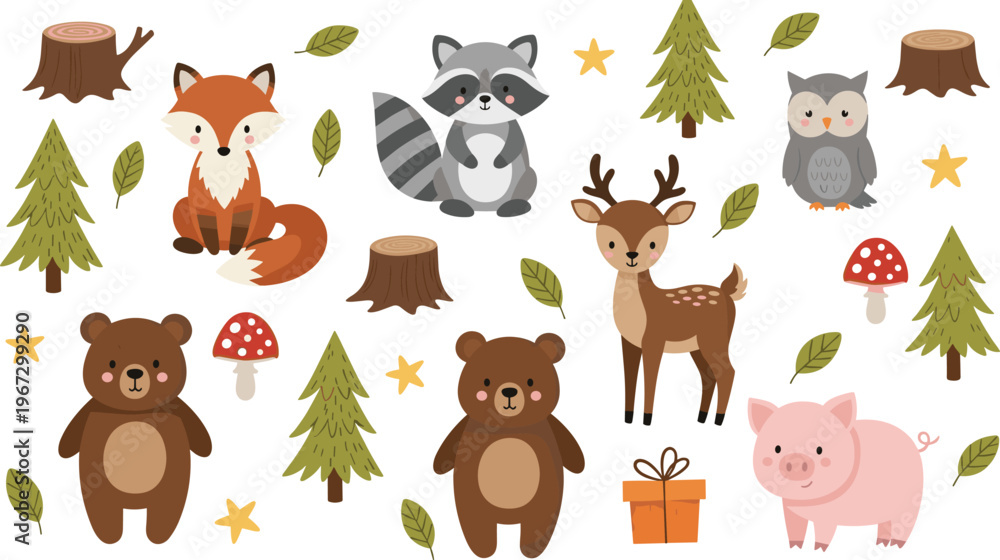 Naklejka premium Forest Animal Collection Featuring Fox, Raccoon, Deer, Bear, Owl, and Pig with Trees, Mushrooms, and Leaves for Nature and Wildlife Designs