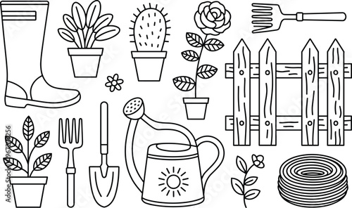 Gardening tools and plants illustration set with boots, watering can, fence and flowers, garden equipment collection, line art vector black white design