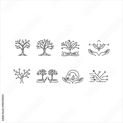 Abstract tree network and plant growth icons representing ecological connectivity and digital nature.