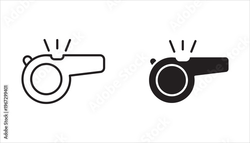 Whistle icon set. Soccer referee whistle vector icon. Coach blowing whistle symbol. Vector illustration. Transparent, white background.