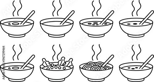 Hot soup bowl icons set illustration with steam and spoon, various soup types collection, food menu symbols, line art vector black white design