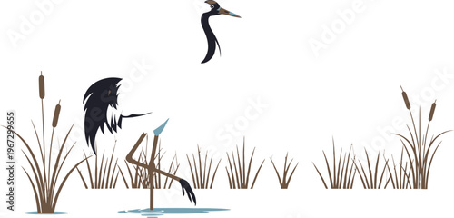 Majestic red-crowned crane, a graceful symbol of longevity and fidelity, stands elegantly in tranquil shallow water surrounded by natural reeds, embodying serenity and the beauty of wild nature.