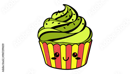 A cartoon cupcake with green frosting and a smiling face illustration