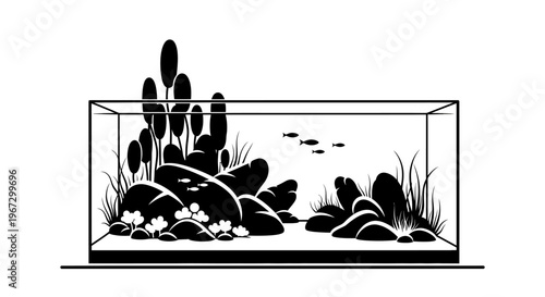 Black and white aquarium tank illustration.