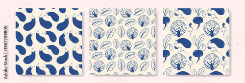 Set of seamless pattern with vegetable on cream background