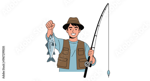 Happy fisherman wearing a brown hat and vest smiles broadly while holding up his fresh catch and a fishing rod on a white background.