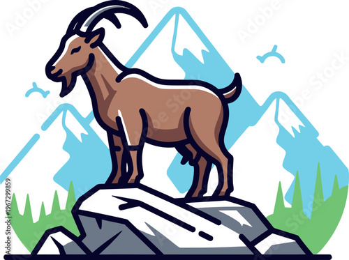 A strong and majestic mountain goat stands proudly atop a rugged rock, gazing across a scenic alpine landscape featuring towering snow-capped peaks and lush green foliage under a clear sky.