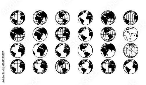 Minimal globe icon set world map spheres continents hemisphere grid vector isolated on white background
