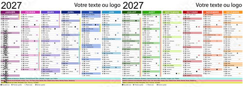 Calendrier multicolore pour année 2027 avec textes en français, saints, cycles lunaires et vacances scolaires - Textes vectorisés et non vectorisés sur calques séparés