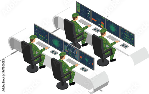 Military control room illustration with soldiers monitoring radar screens, defense command center concept, isometric vector design showing surveillance, cybersecurity and strategic operations system