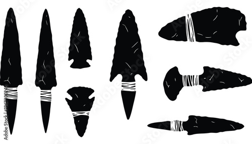Arrowhead silhouette vector illustration set of ancient stone tools