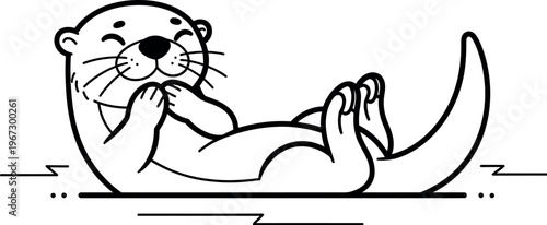 A delightful and charming cartoon otter illustration happily floating on its back, capturing a moment of playful relaxation and joy in a minimalist black and white line art style.