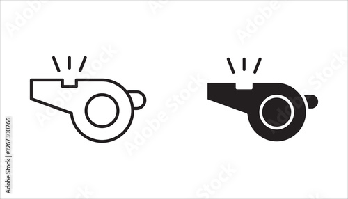 Whistle icon set. Soccer referee whistle vector icon. Coach blowing whistle symbol. Vector illustration. Transparent, white background.