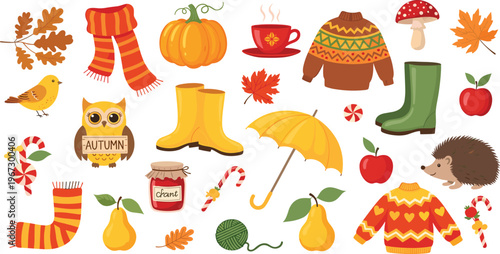Autumn Season Collection with Sweaters, Boots, Pumpkins, Leaves, and Cozy Accessories, Perfect for Fall, Harvest, and Seasonal Designs