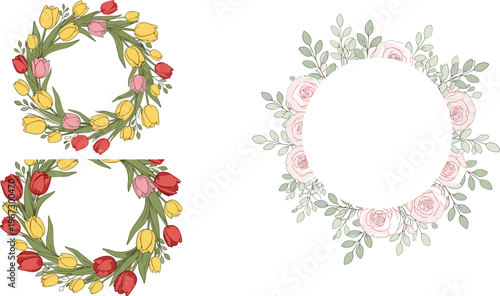 Floral Wreath Collection with Pink Roses and Yellow Tulips, Perfect for Wedding, Spring, and Decorative Designs