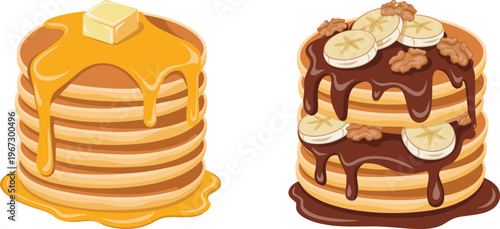 Pancake stack illustration with syrup, butter, chocolate, banana and nuts, breakfast dessert concept, sweet food, bakery vector isolated set design
