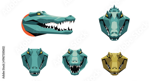 Multiple views of a crocodile head shown from various angles including profile, front, and a colored variation against an orange circle.